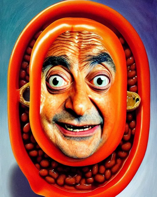 Image similar to portrait of mr bean's face in a bowl full of baked beans, head fully covered in beans and tomato sauce, beans on his eyes, tomato sauce on his skin, rowan atkinson, muted colors, surrealist oil painting, highly detailed