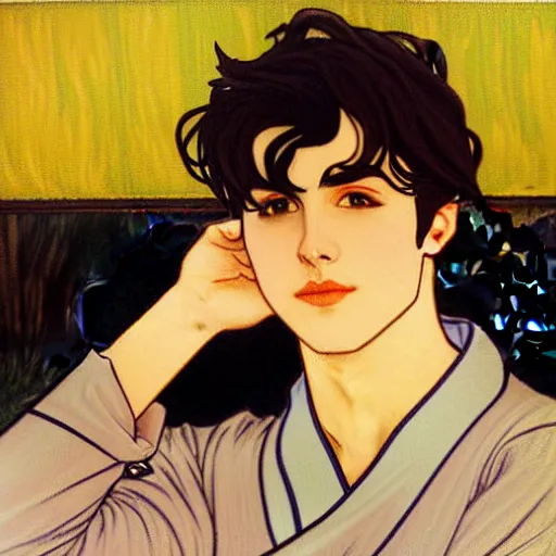 Image similar to painting of young cute handsome beautiful dark medium wavy hair man in his 2 0 s named shadow taehyung at the halloween pumpkin jack o'lantern party, depressed, melancholy, autumn, japan, elegant, clear, painting, stylized, delicate, soft facial features, delicate facial features, soft art, art by alphonse mucha, vincent van gogh, egon schiele