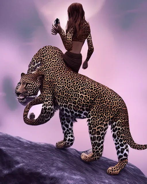 Prompt: beautiful woman riding a leopard thru a crystal forest, hyperreal, Artstation, atmospheric, photorealistic