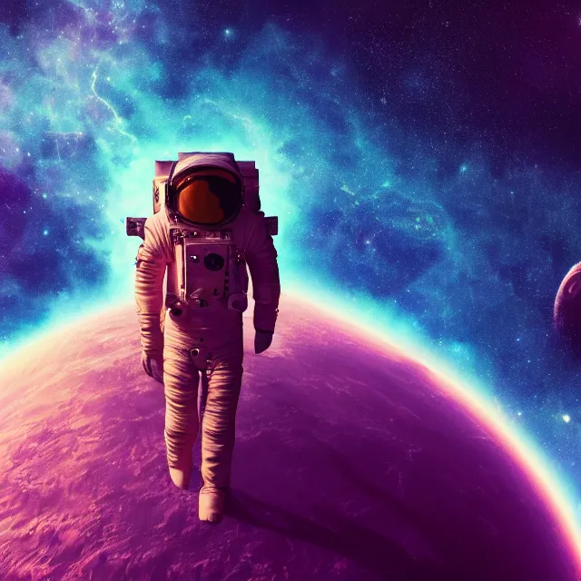 Image similar to - an astronaut standing on the edge of the universe trying to make sense of the world with psychedelic backgrounds, 4 k, trending on artstation, renaissance