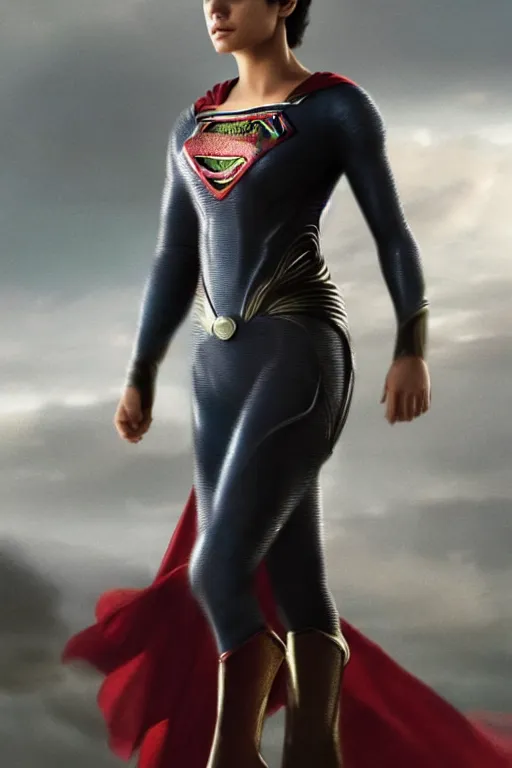 Image similar to a fancy close up of Man of Steel cast as Mila Kunis by Greg Rutkowski, full body shot