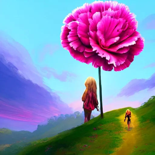 Image similar to giant carnation flower as a head, girl hiking in a lush valley, surreal photography, sunrise, dramatic light, impressionist painting, colorful clouds, digital painting, artstation, simon stalenhag