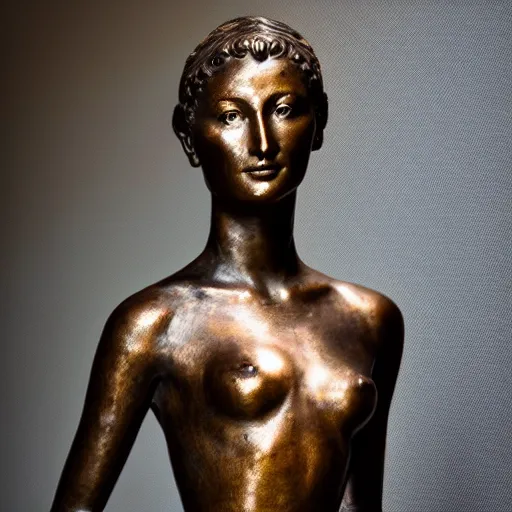 Image similar to detailed photo of an old bronze patina statue of a woman like bella hadid mid body portrait, intricate detail, museum diffuse lighting