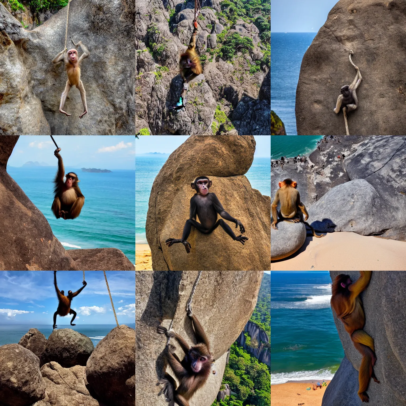 Prompt: a funny monkey hanging from a large boulder, epic high vista view brazil beach