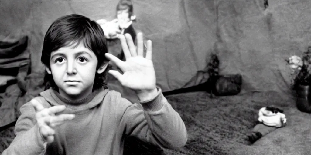 Image similar to A full color still of young Paul McCartney looking at his palm, dressed as a hobbit inside his house, directed by Stanley Kubrick, 35mm, 1970