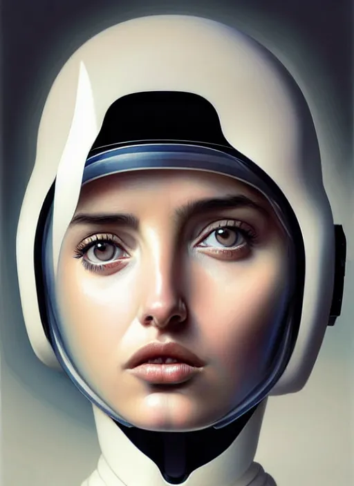 Image similar to artwork by james jean and Phil noto; a close up on the face of a beautiful woman that looks like Ana de armas in a future space suit; wearing futuristic astronaut helmet; highly detailed; pretty eyes; circular black pupils; artwork by james jean and Phil noto