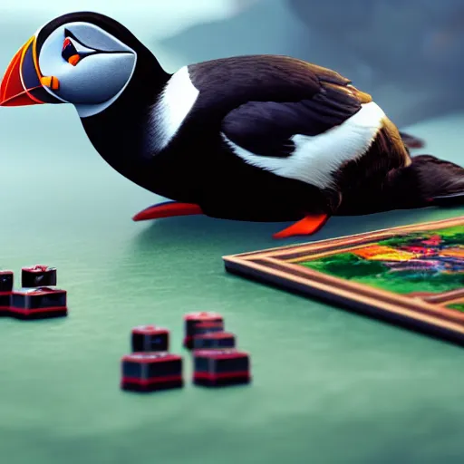 Image similar to puffin playing board game, cinematic, cinematic lighting, trending on Artstation, Cgsociety, detailed, 4k, very realistic