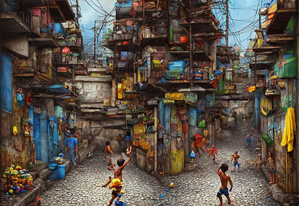 Image similar to photorealistic favela rocinha rio de janeiro with precise rendered alleys with intricate details of gun happy people in alley close view of kid playing with colorful ball and flying kit by Justin Gerard