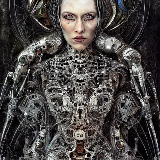 Prompt: a portrait of a woman with mechanical patterns by android jones and hr giger