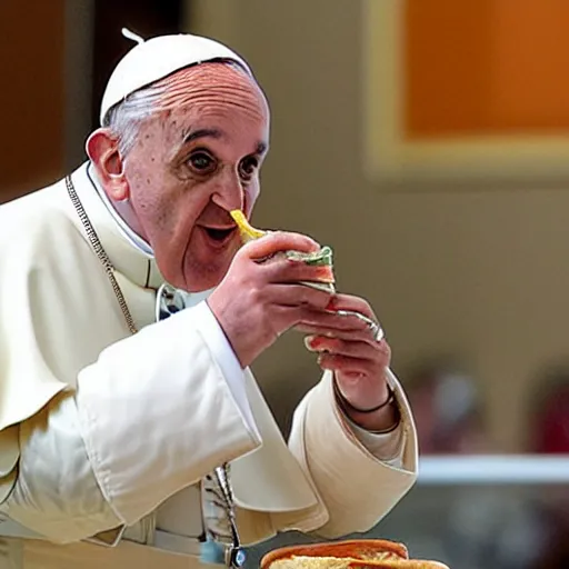 Image similar to the pope eating an hamburger at mcdonald's