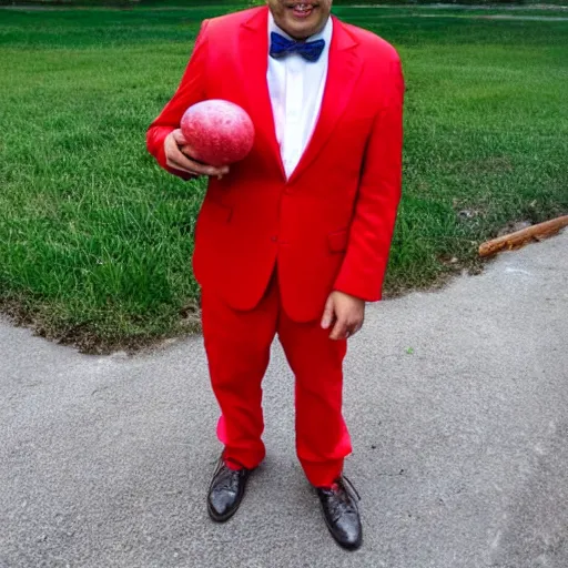 Prompt: luis piedrahita wearing a red suit while holding a tomato, photograph