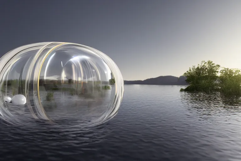 Image similar to many white egg shaped spherical spaces ， like a soap bubble, it depends on each other to form a modern science fiction building ， by pierre bernard, on the calm lake, people's perspective, future, interior wood, marble, award winning, highly detailed 4 k art, dusk, unreal engine highly rendered, global illumination, radial light, internal environment