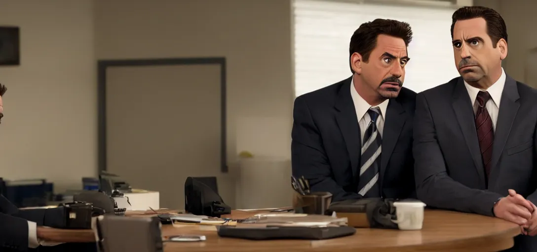 Image similar to a very high resolution image of tony stark and micheal scott. from an episode of the office. photorealistic, photography