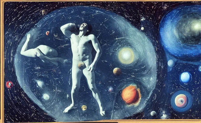 Image similar to scene from cosmologica ( 1 9 6 9 ), a movie by luchino visconti showing a man played by mastroianni leaving the medieval cosmos to enter the new modern universe in the style of renaissance cosmological painting. blue sky with a lot of stars and planets. cinematic, technicolor, direct lighting, highly detailed, highly intricate.