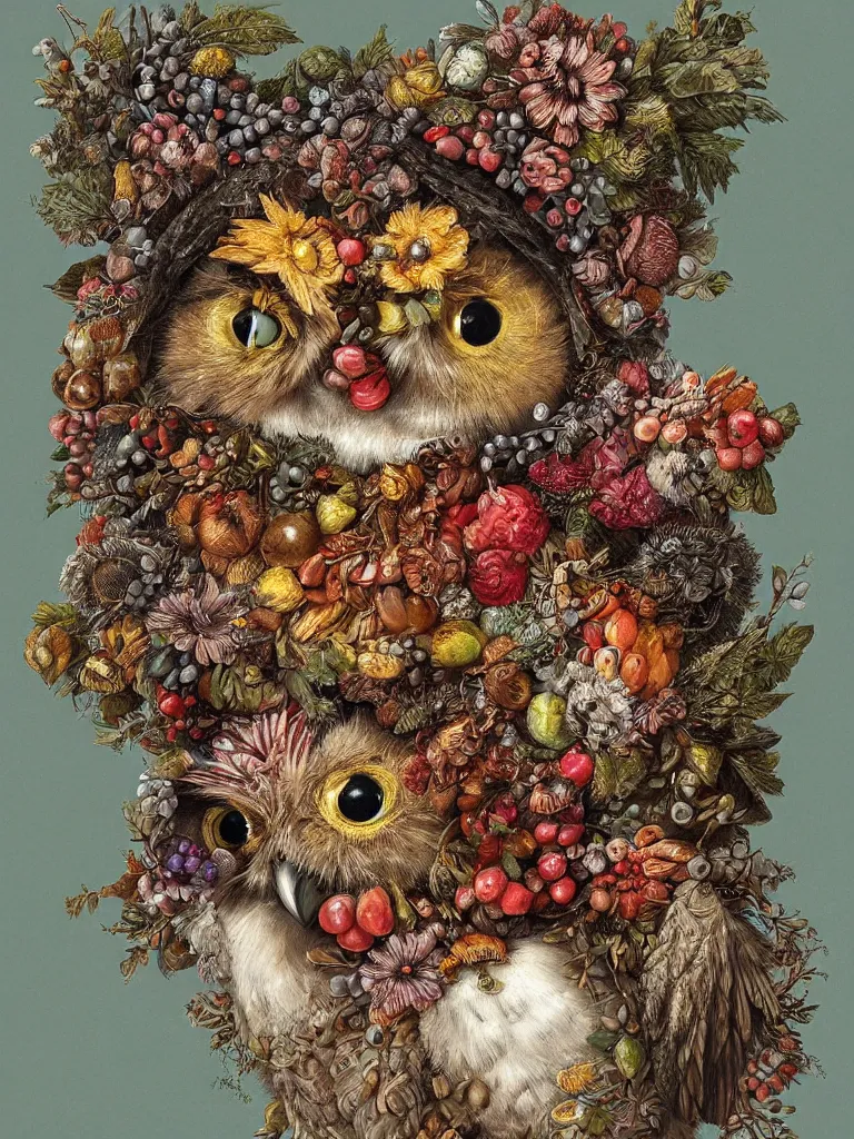 Image similar to Highly detailed cute owl in the style of Guiseppe Arcimboldo, sharp, masterpiece, artstation