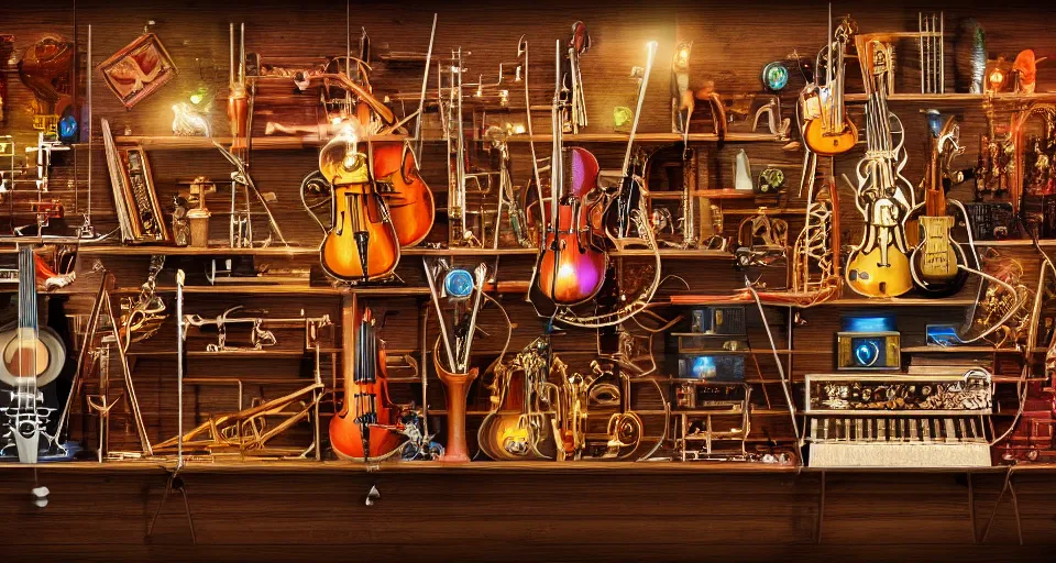 Image similar to a shelf of amazing magical musical instruments, cinematic lighting, detailed, beautiful colors, ornate 4 k