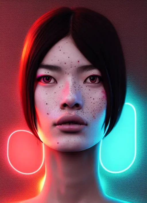 Image similar to photorealistic portrait of oriental female humanoid with freckle cheeks, nose stud, cyber neon lightings, highly detailed, cyberpunk high fashion, elegant, crispy quality, trending in artstation, trending in pinterest, glamor pose, no signature, no watermark, cinematic, octane render, art by artgerm, art by greg rutkowski, art by pascal blanche