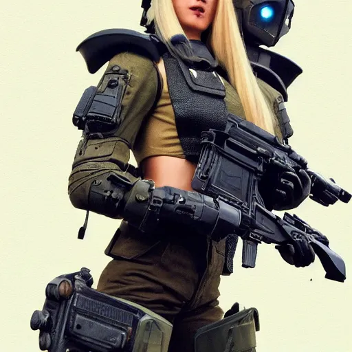 Image similar to close up of evil futuristic dystopian regime soldier, plasma gun, blonde hair, fox ears on hair, human, female, concept design, contrast, hot toys, kim jung gi, greg rutkowski, zabrocki, karlkka, jayison devadas, trending on artstation, 8 k, ultra wide angle, pincushion lens effect, red and black color scheme