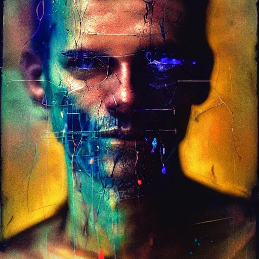 Prompt: portrait of a male cyberpunk hacker, with wires and bandages, machines, glitched, photography, marta syrko, julia margaret cameron, painterly, dripping and splashing coloured paint. scumbling, de kooning, craig mullins