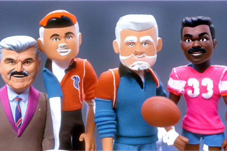 Prompt: still frame of Ditka and Walter Payton in barbie, by Jaap Buitendijk