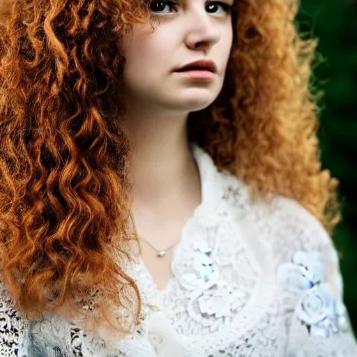 Prompt: A beautiful woman with curly hair in a white lacy handcrafted collar, close-up, portrait, extremely detailed, photography style, trending on ArtStation