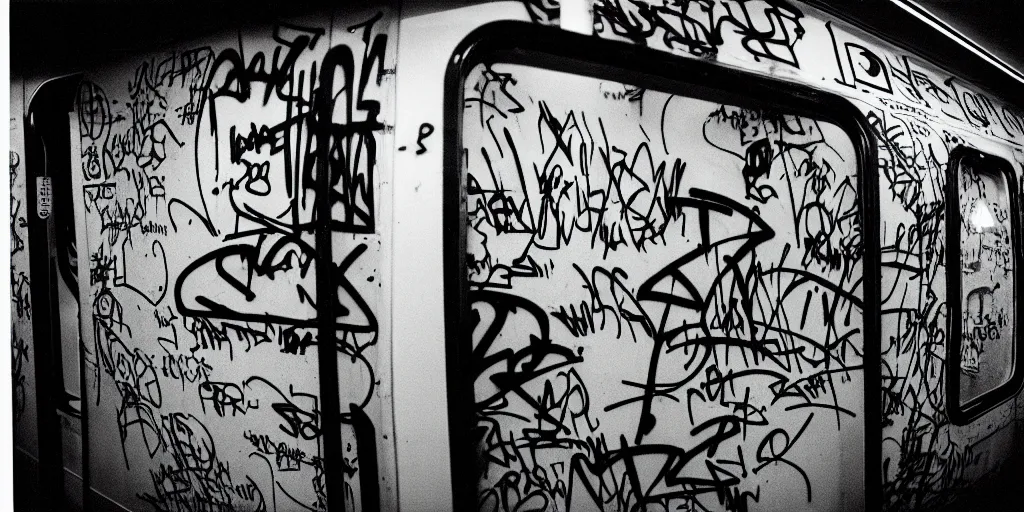 Image similar to subway cabin inside all in graffiti, man in stussy jacket closeup writing graffiti, night, film photography, exposed b & w photography, christopher morris photography