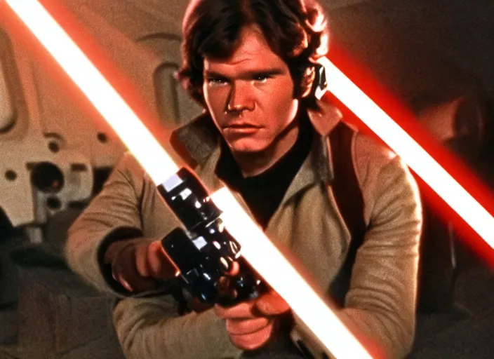 Image similar to screenshot of portrait Han Solo shooting his laser blaster, iconic scene from 1970s film by Stanley Kubrick, the lost Star Wars Film, moody hazy lighting, stunning cinematography, hyper-detailed, crisp, anamorphic lenses, kodak color film stock, 4k
