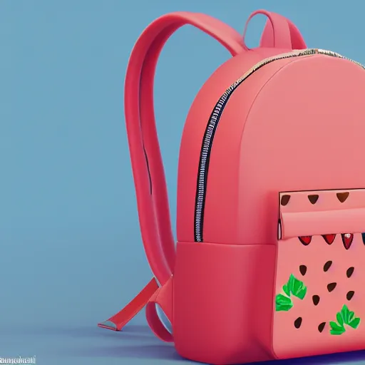 Prompt: a model backpack in strawberry fruit shape, digital art, artgem, octane render, unreal render, hyperrealistic, artstation, hasselblad photo, 4 k resolution, fashion design, product photo, product design, vivid colorful background, strawberry