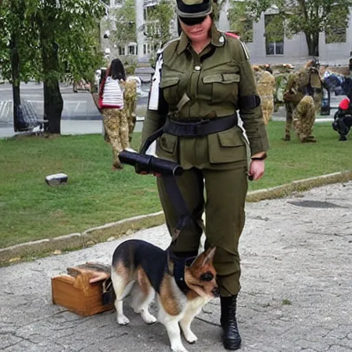 Image similar to female soldier with corgi sniffer dog, old photograph in sci-fi city