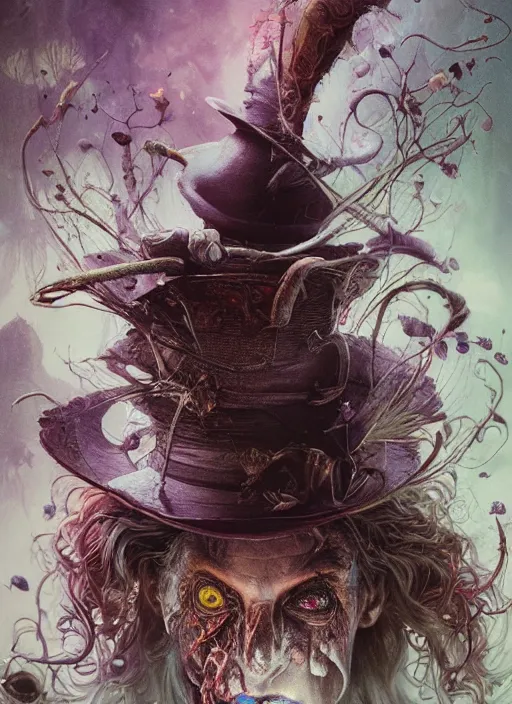 Prompt: Mad Hatter,highly detailed,cinematic,8k,by Stanley Artgermm,Tom Bagshaw,Greg Rutkowski,Carne Griffiths, Ayami Kojima, Beksinski, Giger,Anne Stokes, Benjamin Lacombe,trending on DeviantArt,hyper detailed,horror, full of colour