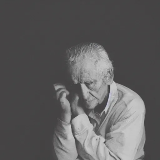 Image similar to black and white fashion photograph, highly detailed portrait of a depressed old man sitting on the edge of a messy bed, natural light, rain, mist, lomo, fashion photography, film grain, soft vignette, sigma 85mm f/1.4 1/10 sec shutter