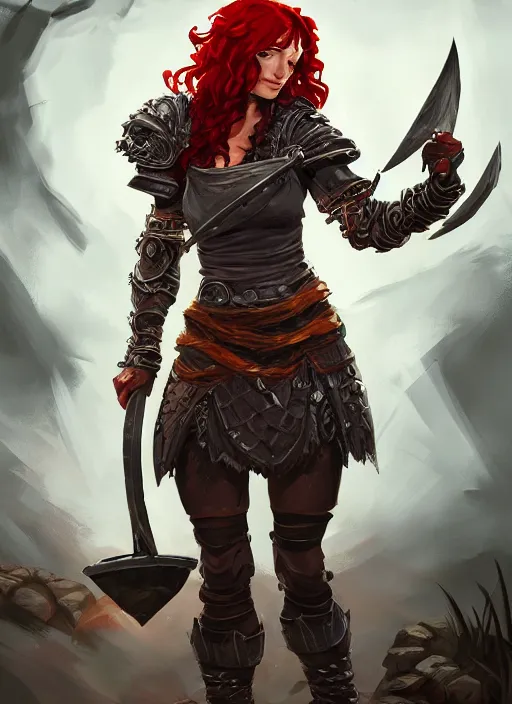 Image similar to a highly detailed illustration of fierce red haired blacksmith woman wearing blacksmith apron and armor, hyperdetailed perfect face, dramatic working pose, intricate, elegant, highly detailed, centered, digital painting, artstation, concept art, smooth, sharp focus, league of legends concept art, wlop.