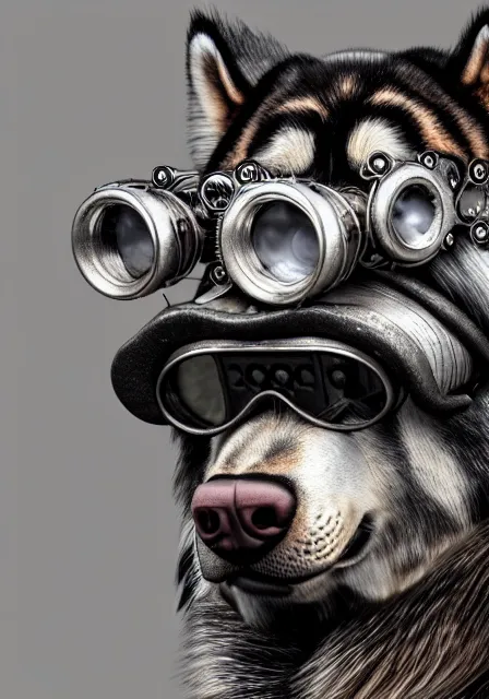 Image similar to hyper realistic ultra - detailed portrait of alaskan malamute face, steampunk hat with goggles and gears, upper body, detective coat, sharp focus, illustration, fantasy style, octane render, concept art, smooth, volumetric lighting, 8 k high definition, intricate, wide shot, by greg rutkowski, highly detailed, trending on art station