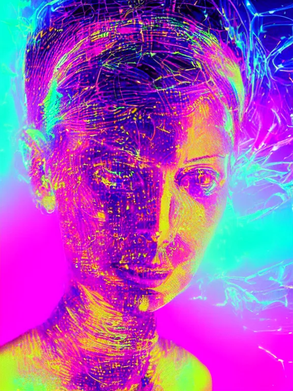 Prompt: portrait of a gorgeous beautiful holographic woman, glowing, MRI, x-ray, glitch