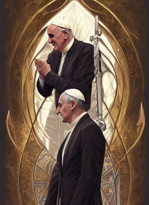 Image similar to pope francis, wearing a suit, tarot card art, deep focus, d & d, fantasy, intricate, elegant, highly detailed, digital painting, artstation, concept art, matte, sharp focus, illustration, hearthstone, art by artgerm and greg rutkowski and alphonse mucha