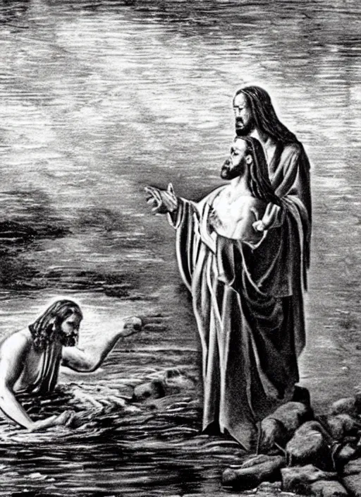 Prompt: old photo of Jesus baptizing Satan in the river