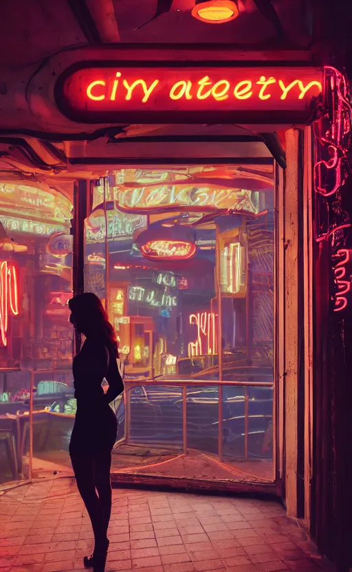 Image similar to vertical movie frame portrait of girl in 5 0's retro restaurant interior, neon - decorated urban on night in the city seen through the window, modern interior design, architectural design, vintage, night blade runner, dark, postapocalyptic, 4 k, octane, asian futuristic city at distance, big windows, octane, wide angle