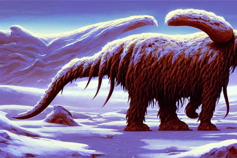 Prompt: classic oil painting, a mammoth that has several spears stuck in its body, as a dnd character, crossing the barren tundra, windy, snowy, highly detailed, digital illustration, concept art, smooth, sharp focus, art by tim hildebrandt, and greg hildebrandt, perseverance, inspiring, award - winning