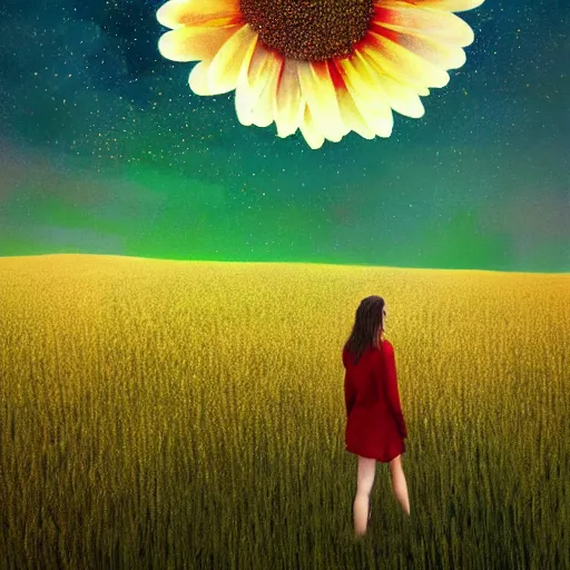 Image similar to giant daisy flowers as a head, girl walking in wheat field, hills, surreal photography, dark night, star trails, impressionist painting, dramatic clouds, digital painting, artstation, simon stalenhag