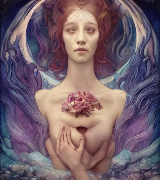 Image similar to underwater dream of the maiden, by annie swynnerton and tino rodriguez and charlie bowater and tom bagshaw and nicholas roerich and jean delville and evelyn de morgan and lucien freud, dramatic lighting, floral tattoos, rich colors, smooth sharp focus, anime key visual, extremely detailed, adolf wolfli