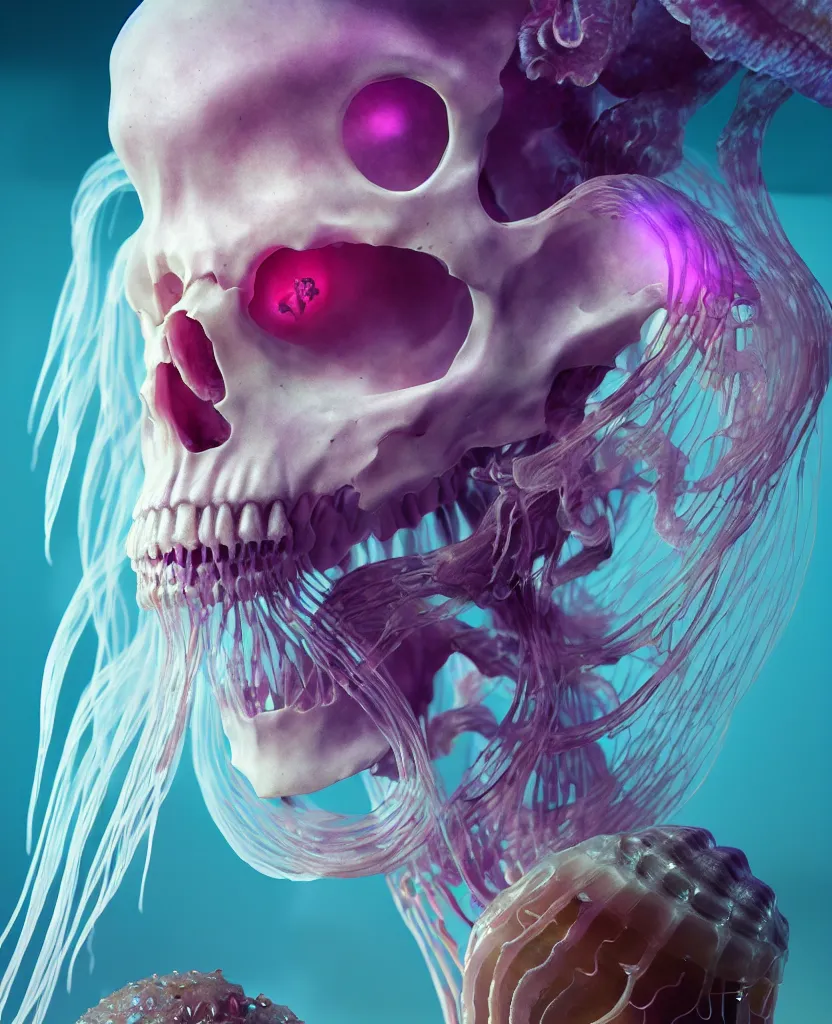 Image similar to goddess close-up portrait human skeleton, ram skull, jellyfish, orchid, betta fish, bioluminiscent, intricate artwork by Tooth Wu and wlop and beeple. octane render, trending on artstation, greg rutkowski very coherent symmetrical artwork. cinematic, hyper realism, high detail, octane render, 8k