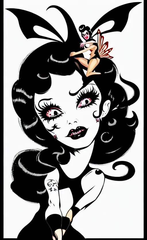 Image similar to fairy with a detailed face and black hair, burlesque psychobilly, rockabilly, punk, wide angle shot, white background, vector art, illustration by frank frazetta