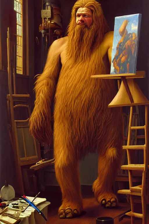 Prompt: classic oil painting, an anthropomorphic bipedal mammoth that is dressed as a renaissance artist, as a dnd character, inside a cluttered paint studio, cottagecore, highly detailed, digital illustration, concept art, smooth, sharp focus, art by greg hildebrandt, and tim hildebrandt