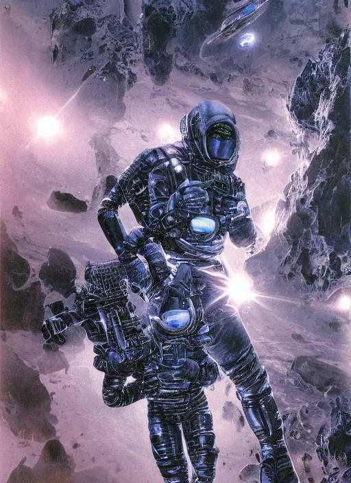 Image similar to astronauts in dark void underwater - complex and hyperdetailed technical suit. reflection and dispersion materials. rays and dispersion of light. volumetric light. f / 3 2. noise film photo. flash photography. ultra realistic, wide angle. poster by wayne barlowe, hajime sorayama aaron horkey, craig mullins