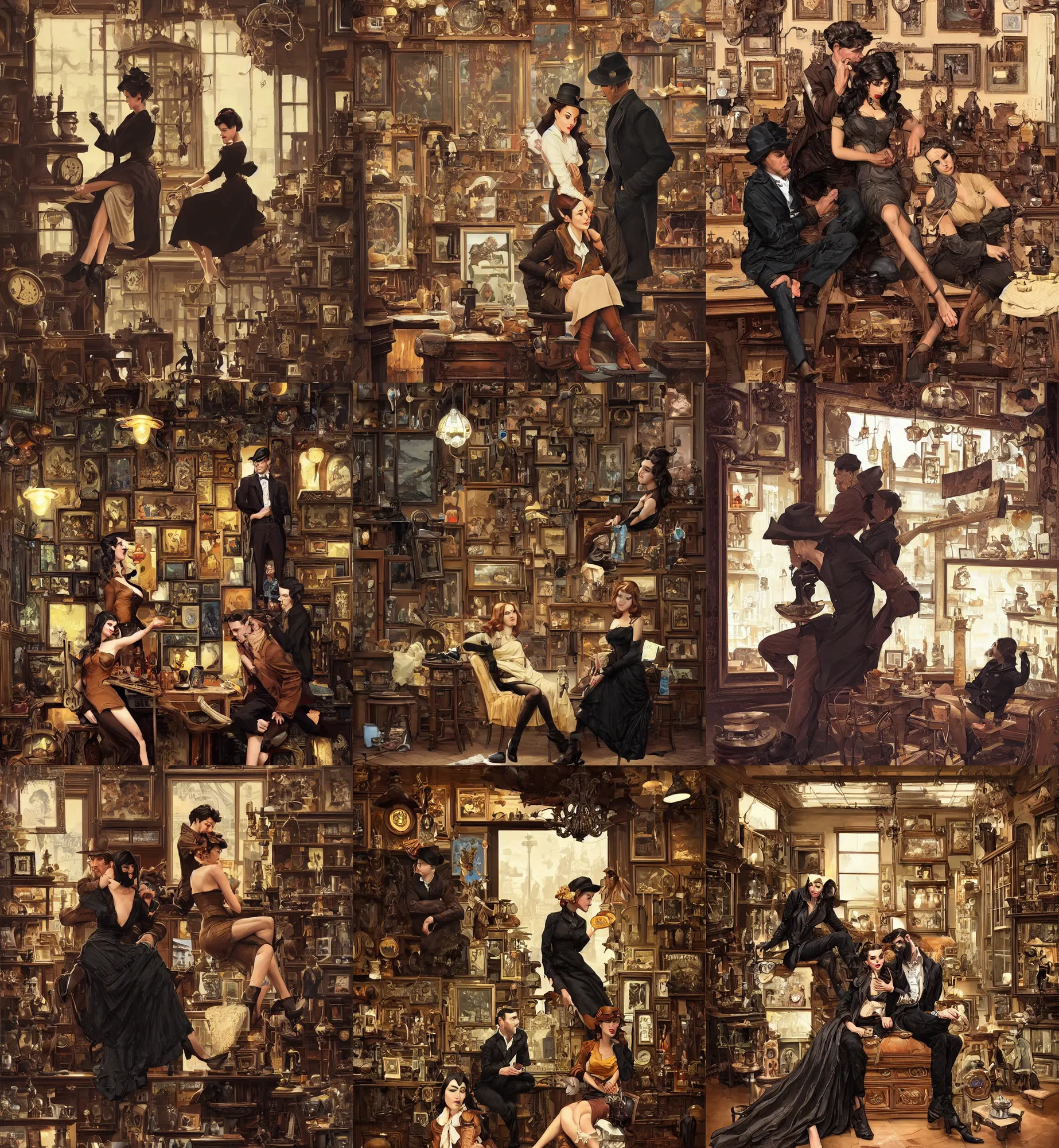 Prompt: brown black coat couple sitting in the old antique shop, extreme view angle, pinup, pulp art, deep focus, turnaround, pulp art, fantasy, intricate, elegant, highly detailed, digital painting, artstation, concept art, matte, sharp focus, illustration, hearthstone, art by rhads and artgerm and greg rutkowski and alphonse mucha.