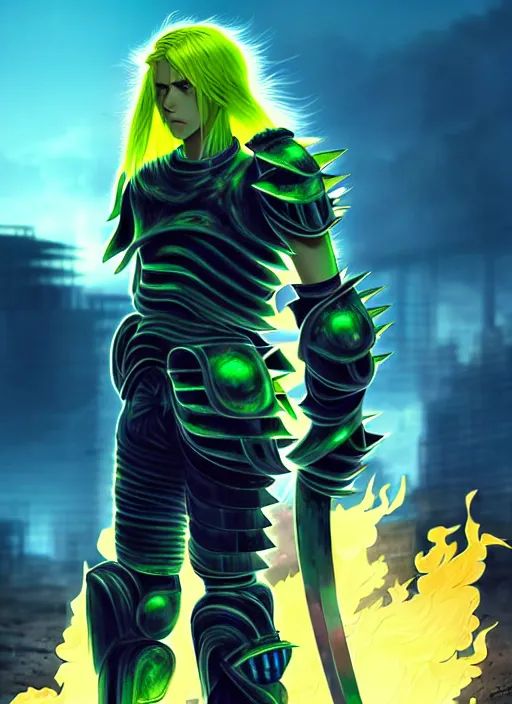 Image similar to a striking cinematic full body manga portrait of a male warrior with long blonde hair and blue eyes wearing evil green spiked cyberpunk armour and standing in the desolate burning ruins of a futuristic city by hirohiko araki and beeple, fine details, digital art, character concept art, volumetric lighting, cinematic light, photorealistic