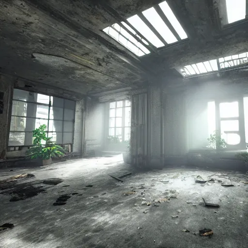 Prompt: interior of a building in an overgrown abandoned hong kong, light pouring through the windows, deserted and decaying concrete, unreal engine 5, raytracing, artstation, 8k