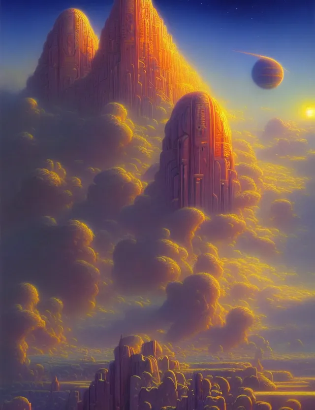 Prompt: a futuristic minimalistic magical cloud utopia, spiritual, tim hildebrandt, wayne barlowe, bruce pennington, donato giancola, trending on artstation, cinematic composition, beautiful lighting, hyper detailed, 8 k, oil on canvas