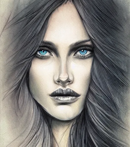 Image similar to tattoo design sketch of a beautiful blue - eyed woman face with a faded background of beautiful mountains and nature on her side, hyper - realistic, in the style of den yakovlev, amazing detail, black and white