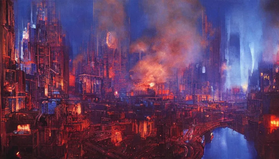 Image similar to river of blue fire, intricate detailed painting, cityscape, john harris